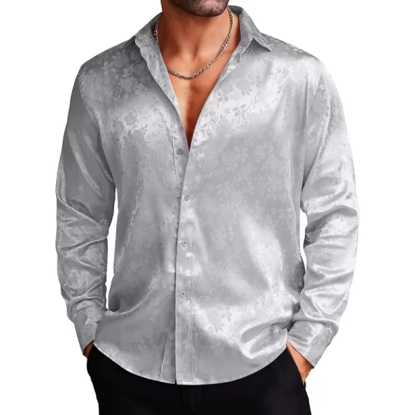 COOFANDY Men's Silk Satin Dress Shirts Jacquard Long Sleeve Floral Button Up Shirts Party Prom Wedding Shirt