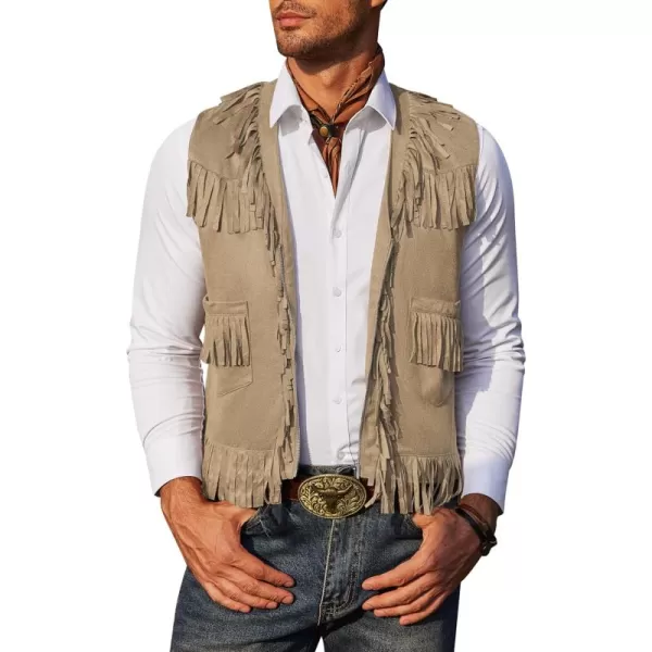 COOFANDY Men's Western Cowboy Vest Casual Fringe Hippie Costume V Neck Zipper Suede Leather Waistcoat