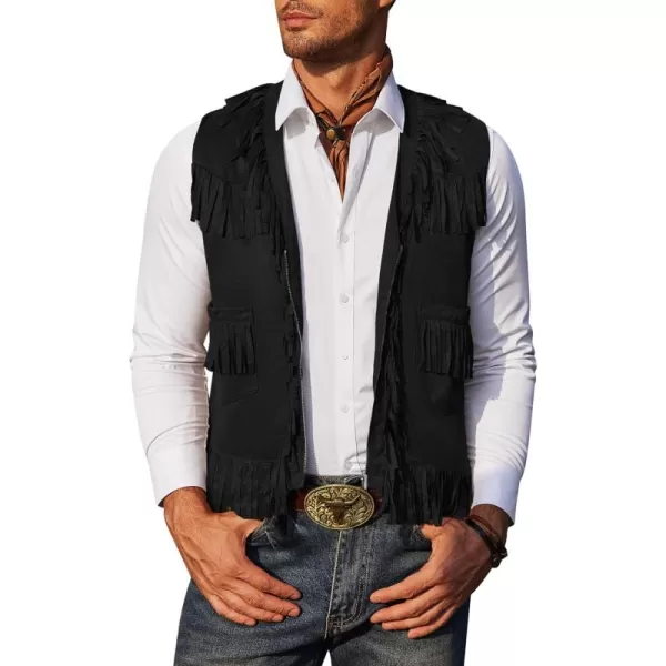 COOFANDY Men's Western Cowboy Vest Casual Fringe Hippie Costume V Neck Zipper Suede Leather Waistcoat