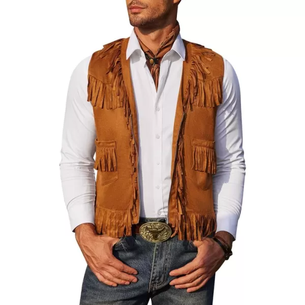 COOFANDY Men's Western Cowboy Vest Casual Fringe Hippie Costume V Neck Zipper Suede Leather Waistcoat