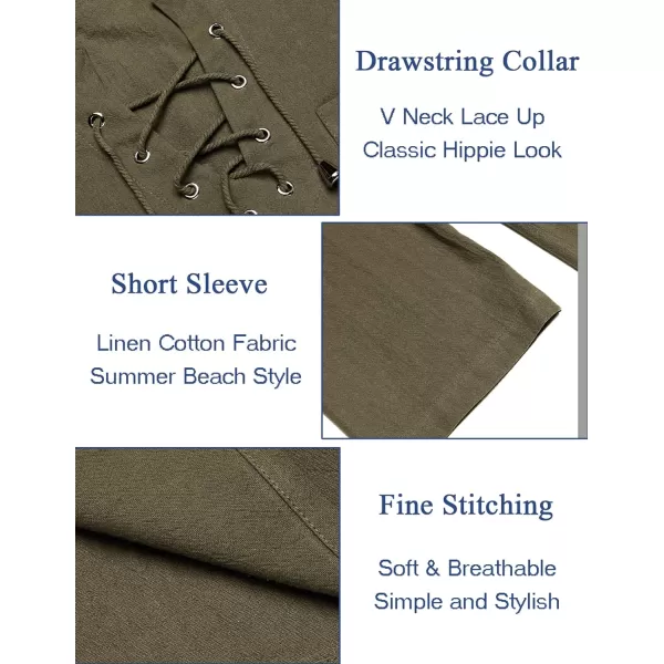 COOFANDY Men Casual Cotton Linen T Shirt Short Sleeve Beach Lace Up Hippie Shirt Yoga Renaissance Tunic