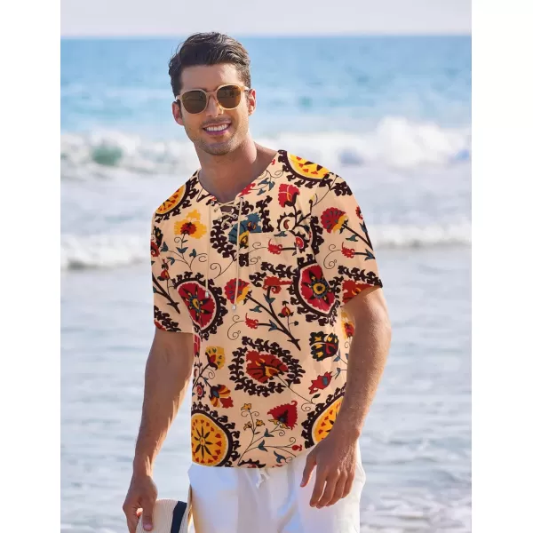 COOFANDY Men Casual Cotton Linen T Shirt Short Sleeve Beach Lace Up Hippie Shirt Yoga Renaissance Tunic