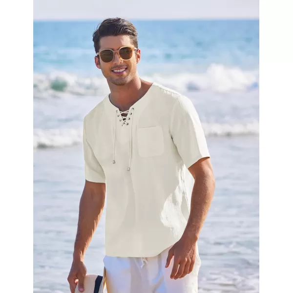 COOFANDY Men Casual Cotton Linen T Shirt Short Sleeve Beach Lace Up Hippie Shirt Yoga Renaissance Tunic
