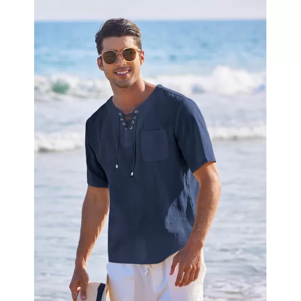 COOFANDY Men Casual Cotton Linen T Shirt Short Sleeve Beach Lace Up Hippie Shirt Yoga Renaissance Tunic