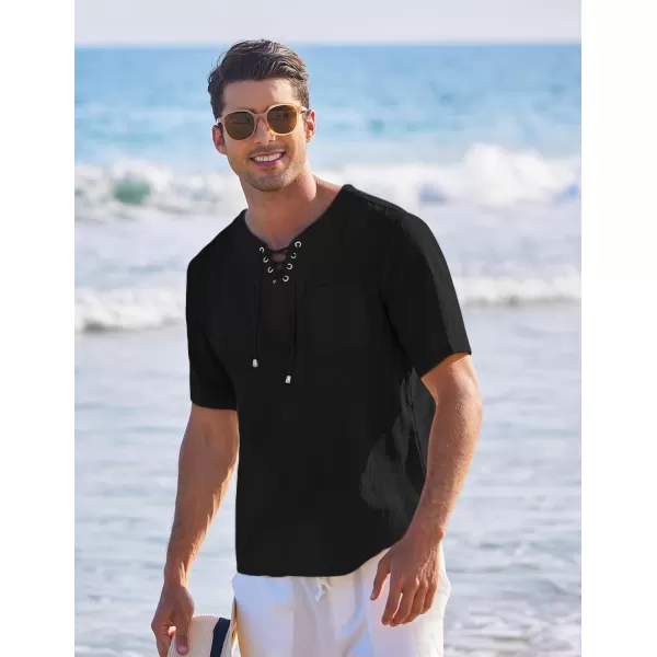 COOFANDY Men Casual Cotton Linen T Shirt Short Sleeve Beach Lace Up Hippie Shirt Yoga Renaissance Tunic