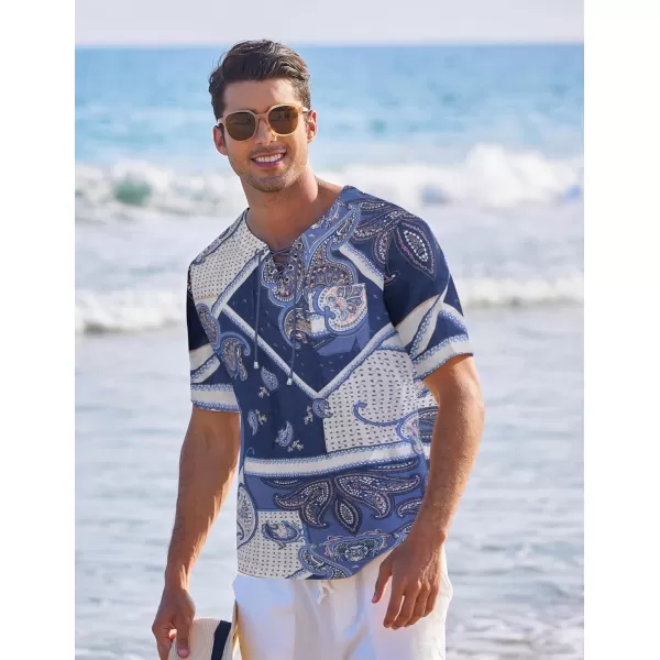 COOFANDY Men Casual Cotton Linen T Shirt Short Sleeve Beach Lace Up Hippie Shirt Yoga Renaissance Tunic