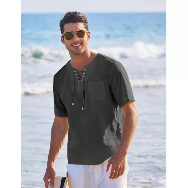 COOFANDY Men Casual Cotton Linen T Shirt Short Sleeve Beach Lace Up Hippie Shirt Yoga Renaissance Tunic