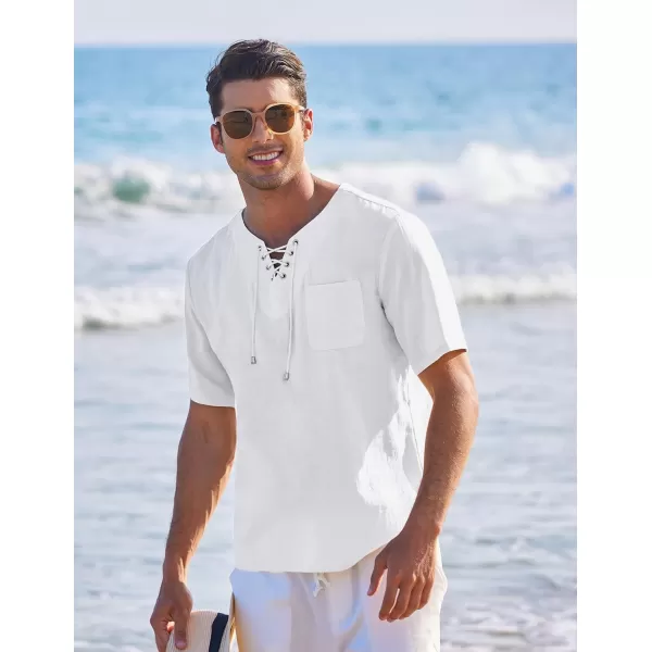 COOFANDY Men Casual Cotton Linen T Shirt Short Sleeve Beach Lace Up Hippie Shirt Yoga Renaissance Tunic