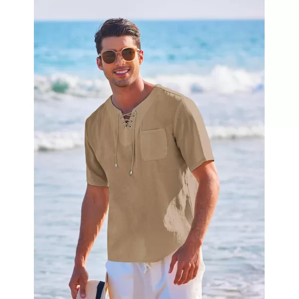 COOFANDY Men Casual Cotton Linen T Shirt Short Sleeve Beach Lace Up Hippie Shirt Yoga Renaissance Tunic