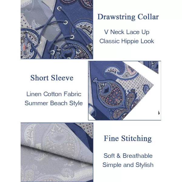 COOFANDY Men Casual Cotton Linen T Shirt Short Sleeve Beach Lace Up Hippie Shirt Yoga Renaissance Tunic