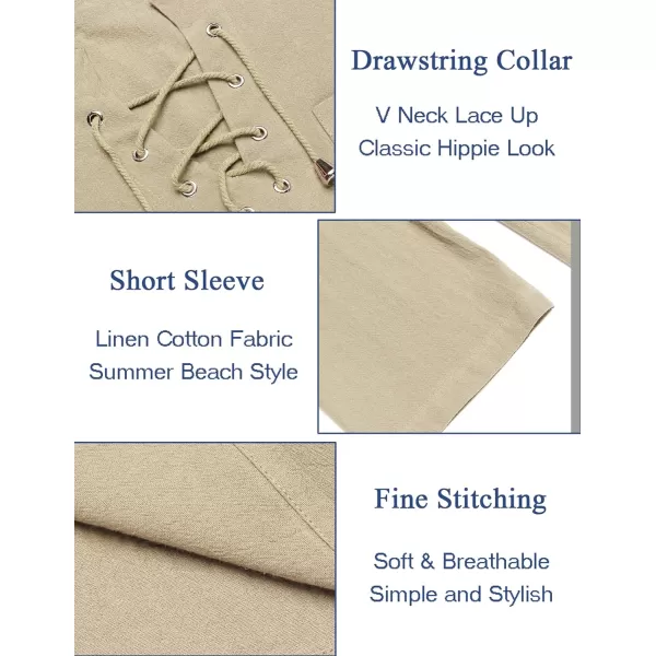 COOFANDY Men Casual Cotton Linen T Shirt Short Sleeve Beach Lace Up Hippie Shirt Yoga Renaissance Tunic