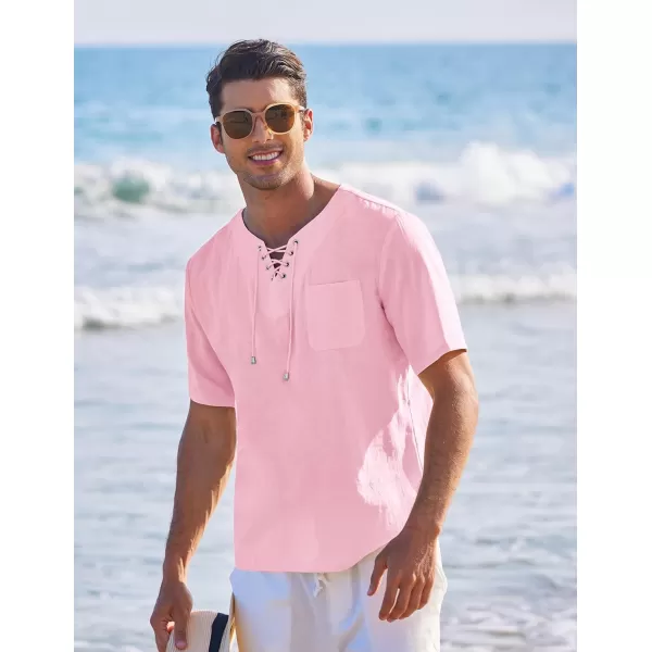 COOFANDY Men Casual Cotton Linen T Shirt Short Sleeve Beach Lace Up Hippie Shirt Yoga Renaissance Tunic