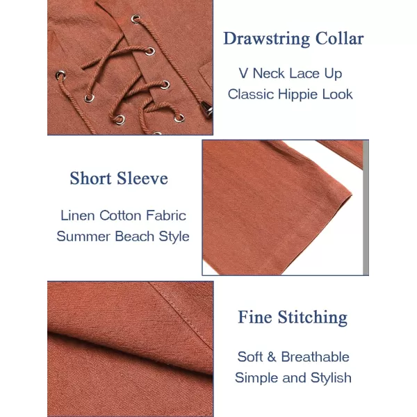 COOFANDY Men Casual Cotton Linen T Shirt Short Sleeve Beach Lace Up Hippie Shirt Yoga Renaissance Tunic