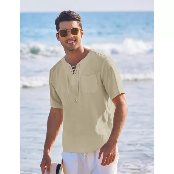COOFANDY Men Casual Cotton Linen T Shirt Short Sleeve Beach Lace Up Hippie Shirt Yoga Renaissance Tunic