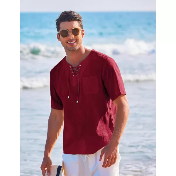 COOFANDY Men Casual Cotton Linen T Shirt Short Sleeve Beach Lace Up Hippie Shirt Yoga Renaissance Tunic