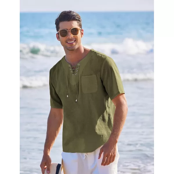COOFANDY Men Casual Cotton Linen T Shirt Short Sleeve Beach Lace Up Hippie Shirt Yoga Renaissance Tunic