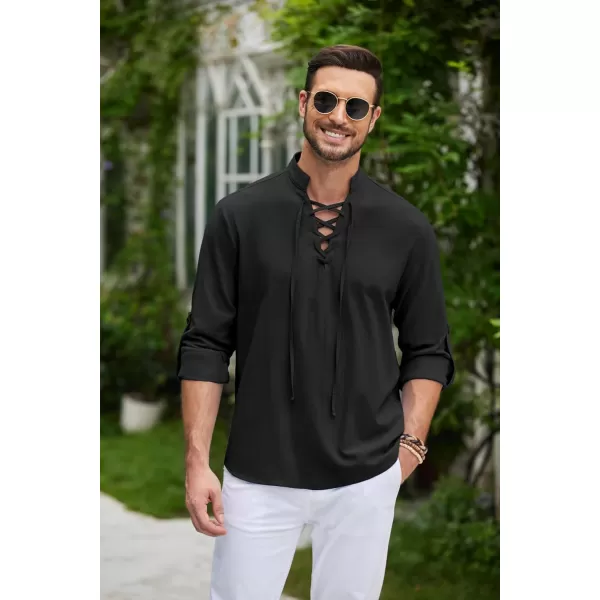 COOFANDY Men Linen Cotton Shirts Beach Hippie Renaissance Medieval Long Sleeve Lace Up Costume