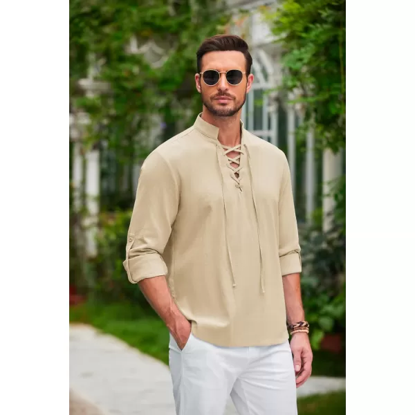 COOFANDY Men Linen Cotton Shirts Beach Hippie Renaissance Medieval Long Sleeve Lace Up Costume