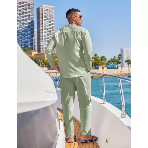 COOFANDY Men's 2 Piece Cotton Linen Sets Casual Long Sleeve Henley Shirts Yoga Pants Set Beach Cuban Outfits