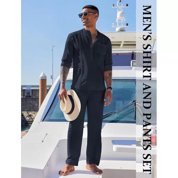 COOFANDY Men's 2 Piece Cotton Linen Sets Casual Long Sleeve Henley Shirts Yoga Pants Set Beach Cuban Outfits