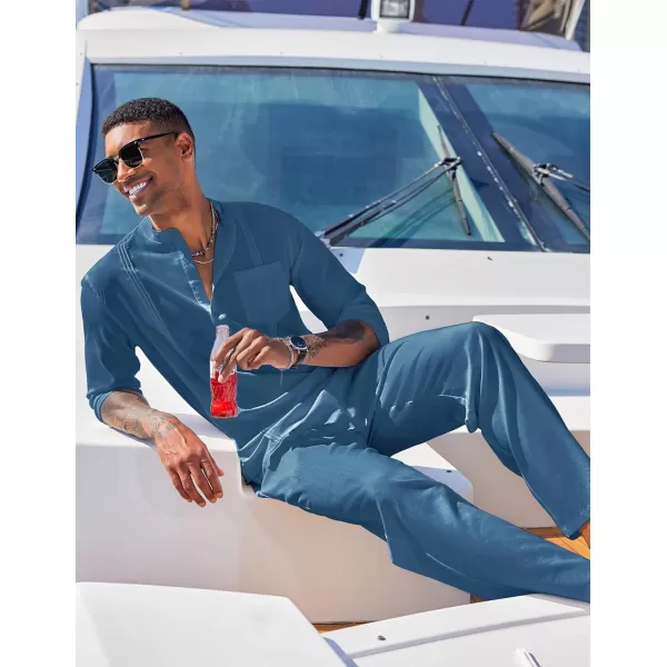 COOFANDY Men's 2 Piece Cotton Linen Sets Casual Long Sleeve Henley Shirts Yoga Pants Set Beach Cuban Outfits
