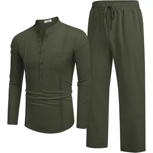 COOFANDY Men's 2 Piece Cotton Linen Sets Casual Long Sleeve Henley Shirts Yoga Pants Set Beach Cuban Outfits