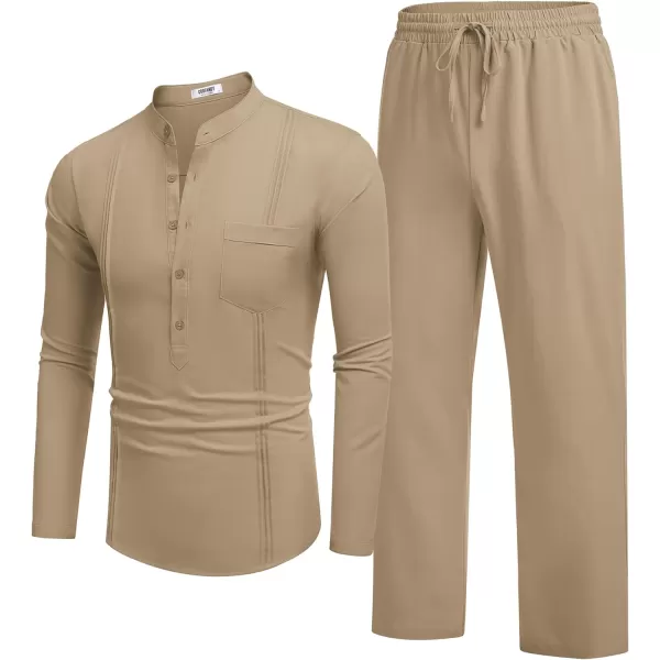 COOFANDY Men's 2 Piece Cotton Linen Sets Casual Long Sleeve Henley Shirts Yoga Pants Set Beach Cuban Outfits