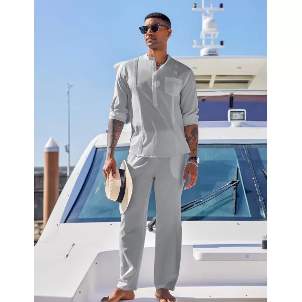 COOFANDY Men's 2 Piece Cotton Linen Sets Casual Long Sleeve Henley Shirts Yoga Pants Set Beach Cuban Outfits