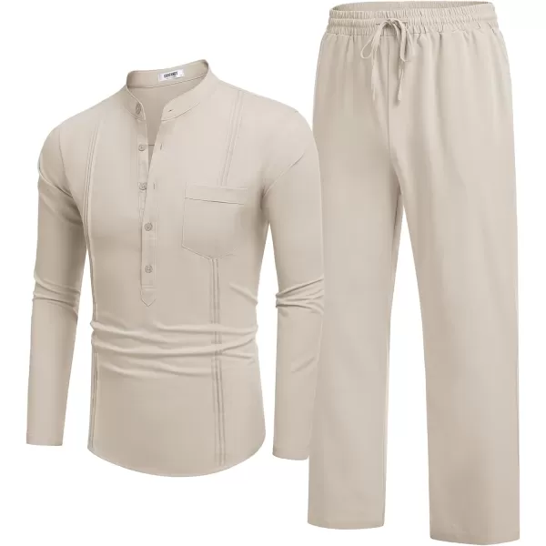 COOFANDY Men's 2 Piece Cotton Linen Sets Casual Long Sleeve Henley Shirts Yoga Pants Set Beach Cuban Outfits