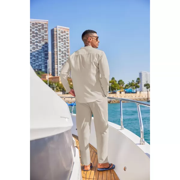 COOFANDY Men's 2 Piece Cotton Linen Sets Casual Long Sleeve Henley Shirts Yoga Pants Set Beach Cuban Outfits