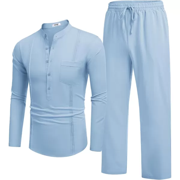 COOFANDY Men's 2 Piece Cotton Linen Sets Casual Long Sleeve Henley Shirts Yoga Pants Set Beach Cuban Outfits
