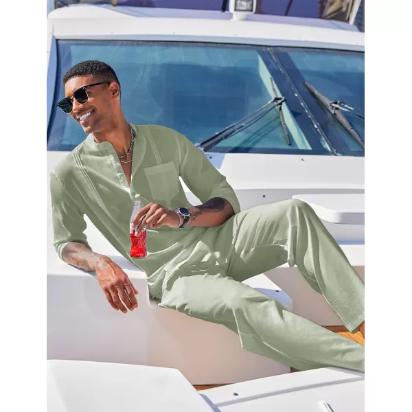 COOFANDY Men's 2 Piece Cotton Linen Sets Casual Long Sleeve Henley Shirts Yoga Pants Set Beach Cuban Outfits