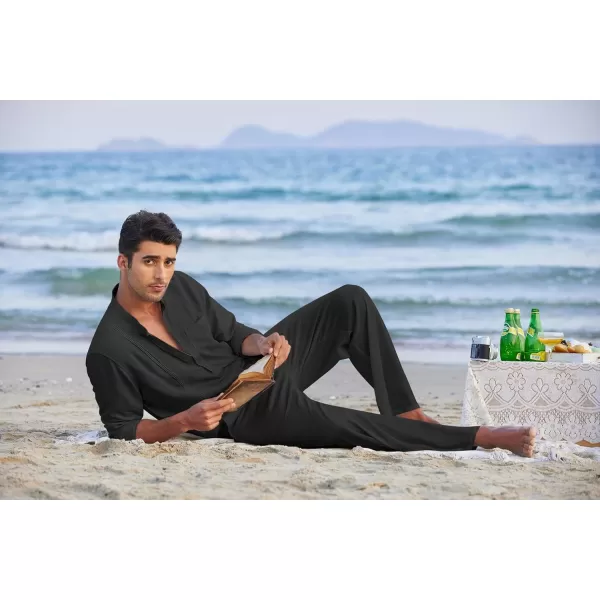 COOFANDY Men's 2 Piece Cotton Linen Sets Casual Long Sleeve Henley Shirts Yoga Pants Set Beach Cuban Outfits
