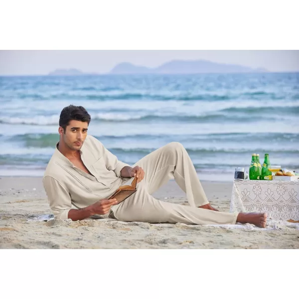 COOFANDY Men's 2 Piece Cotton Linen Sets Casual Long Sleeve Henley Shirts Yoga Pants Set Beach Cuban Outfits