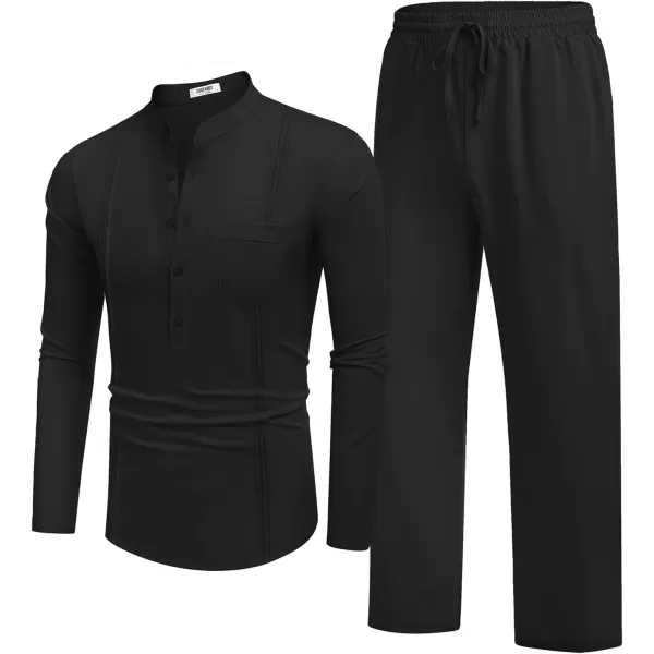 COOFANDY Men's 2 Piece Cotton Linen Sets Casual Long Sleeve Henley Shirts Yoga Pants Set Beach Cuban Outfits