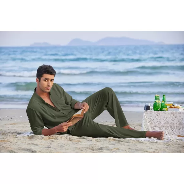 COOFANDY Men's 2 Piece Cotton Linen Sets Casual Long Sleeve Henley Shirts Yoga Pants Set Beach Cuban Outfits