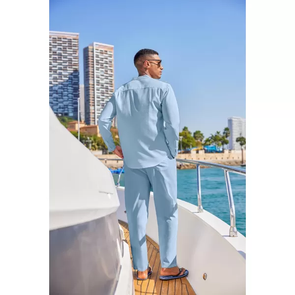 COOFANDY Men's 2 Piece Cotton Linen Sets Casual Long Sleeve Henley Shirts Yoga Pants Set Beach Cuban Outfits