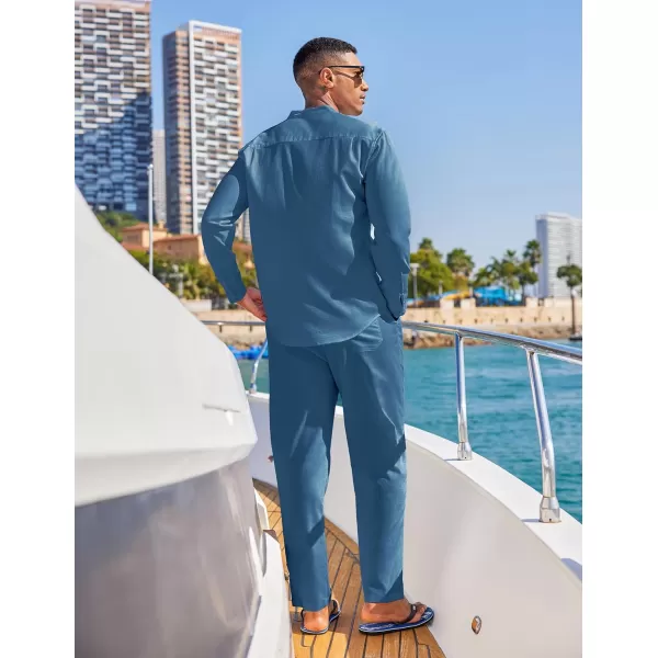 COOFANDY Men's 2 Piece Cotton Linen Sets Casual Long Sleeve Henley Shirts Yoga Pants Set Beach Cuban Outfits