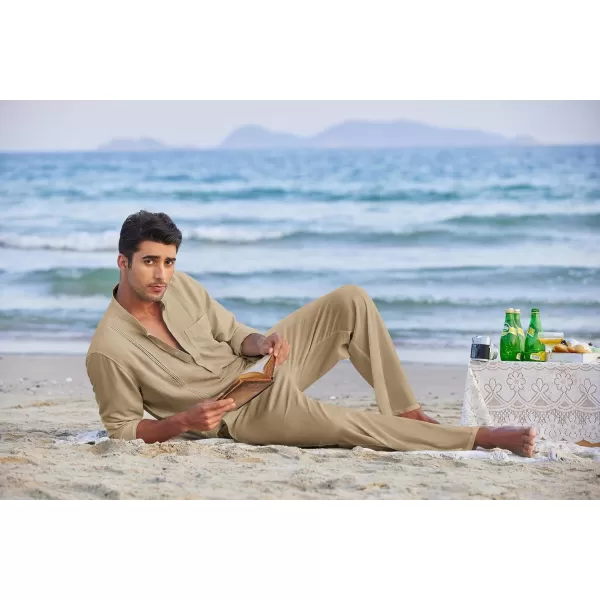 COOFANDY Men's 2 Piece Cotton Linen Sets Casual Long Sleeve Henley Shirts Yoga Pants Set Beach Cuban Outfits