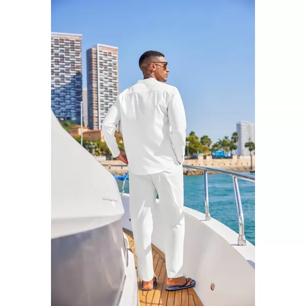 COOFANDY Men's 2 Piece Cotton Linen Sets Casual Long Sleeve Henley Shirts Yoga Pants Set Beach Cuban Outfits