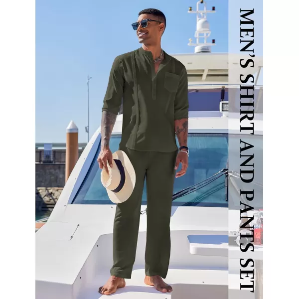 COOFANDY Men's 2 Piece Cotton Linen Sets Casual Long Sleeve Henley Shirts Yoga Pants Set Beach Cuban Outfits