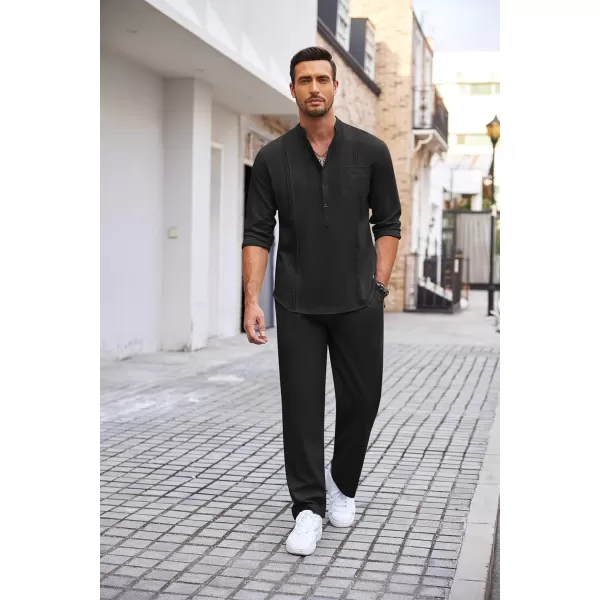 COOFANDY Men's 2 Piece Cotton Linen Sets Casual Long Sleeve Henley Shirts Yoga Pants Set Beach Cuban Outfits