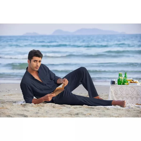 COOFANDY Men's 2 Piece Cotton Linen Sets Casual Long Sleeve Henley Shirts Yoga Pants Set Beach Cuban Outfits