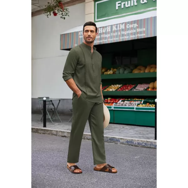 COOFANDY Men's 2 Piece Cotton Linen Sets Casual Long Sleeve Henley Shirts Yoga Pants Set Beach Cuban Outfits