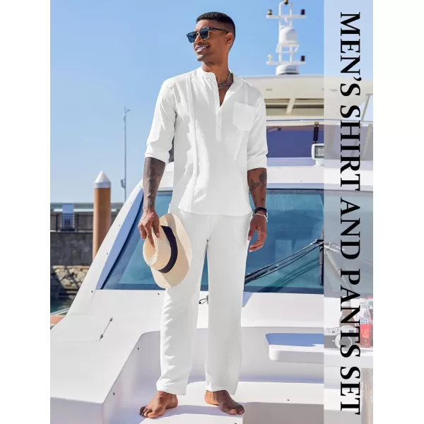 COOFANDY Men's 2 Piece Cotton Linen Sets Casual Long Sleeve Henley Shirts Yoga Pants Set Beach Cuban Outfits