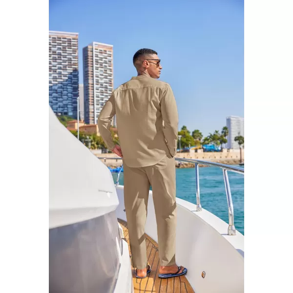 COOFANDY Men's 2 Piece Cotton Linen Sets Casual Long Sleeve Henley Shirts Yoga Pants Set Beach Cuban Outfits