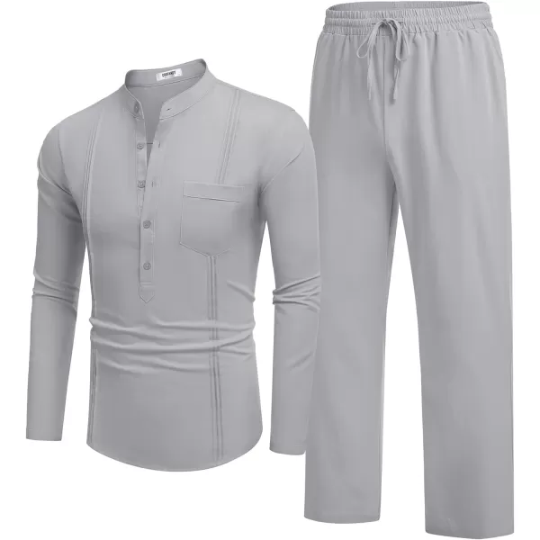 COOFANDY Men's 2 Piece Cotton Linen Sets Casual Long Sleeve Henley Shirts Yoga Pants Set Beach Cuban Outfits