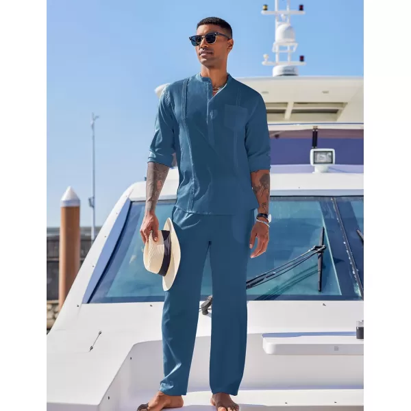 COOFANDY Men's 2 Piece Cotton Linen Sets Casual Long Sleeve Henley Shirts Yoga Pants Set Beach Cuban Outfits