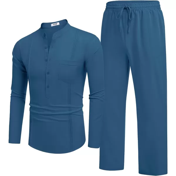 COOFANDY Men's 2 Piece Cotton Linen Sets Casual Long Sleeve Henley Shirts Yoga Pants Set Beach Cuban Outfits