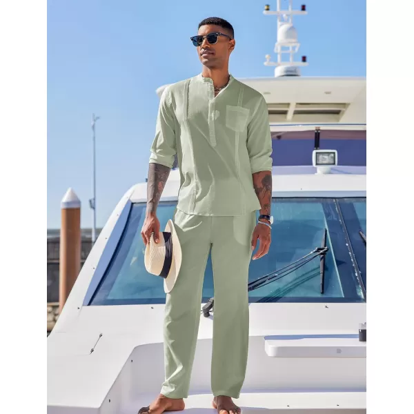 COOFANDY Men's 2 Piece Cotton Linen Sets Casual Long Sleeve Henley Shirts Yoga Pants Set Beach Cuban Outfits